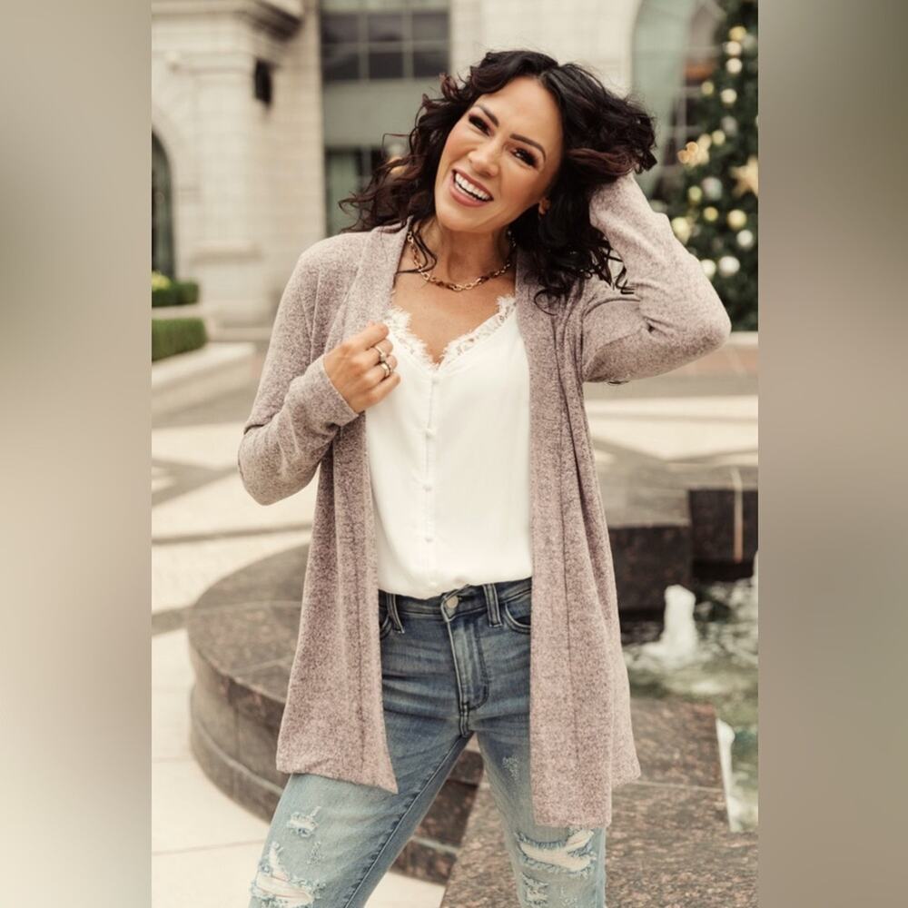 Philosophy Open Cardigan Jacket Tan Grey Waterfall Long Sleeve Cozy